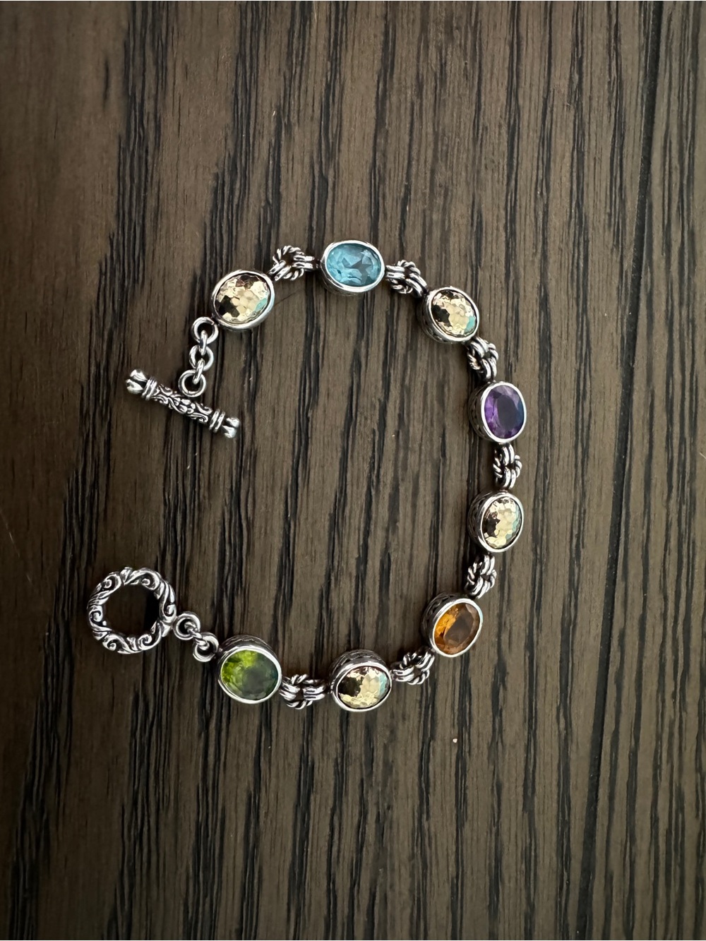 Samuel B BJC 925 Sterling Silver 18K Gold Multicolor Stone Toggle Bracelet